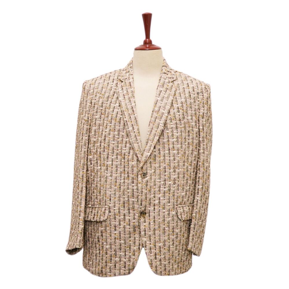 Mens 44R Woven Textured Blazer Sport Coat Beige Pink Green Formal Wedding Preppy
